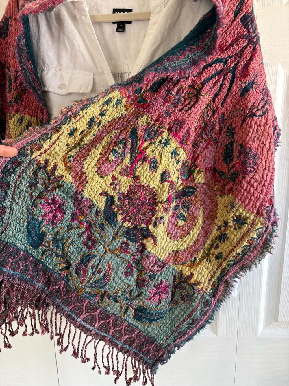 Boho Scarf Cotton Wool Floral Birds Thick Reversible Tapestry Style Artsy Shawl